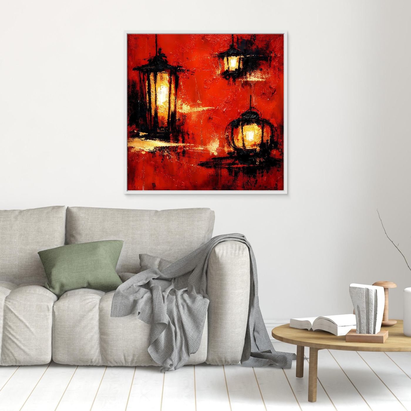 Wandbild mit roten Laternen und warmem Licht, quadratisches abstraktes Gemälde