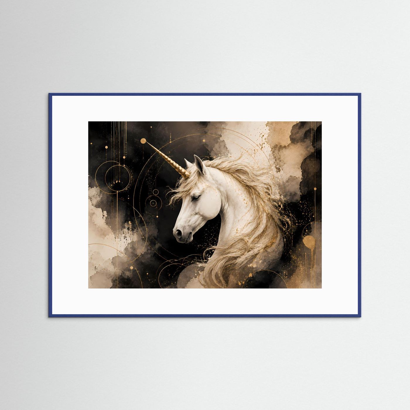 Einhorn-Fantasy-Poster im Querformat, weißes Pferd mit goldenen Linien, blauer Rahmen