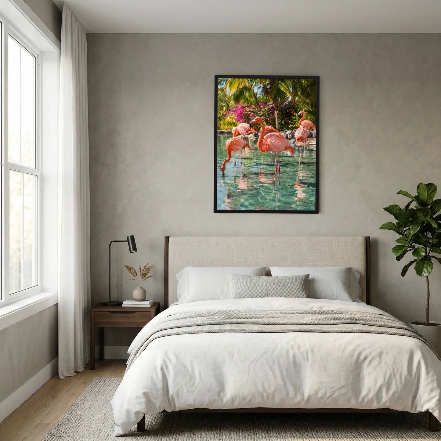 Poster mit rosa Flamingos im tropischen Wasser, im schwarzen Rahmen