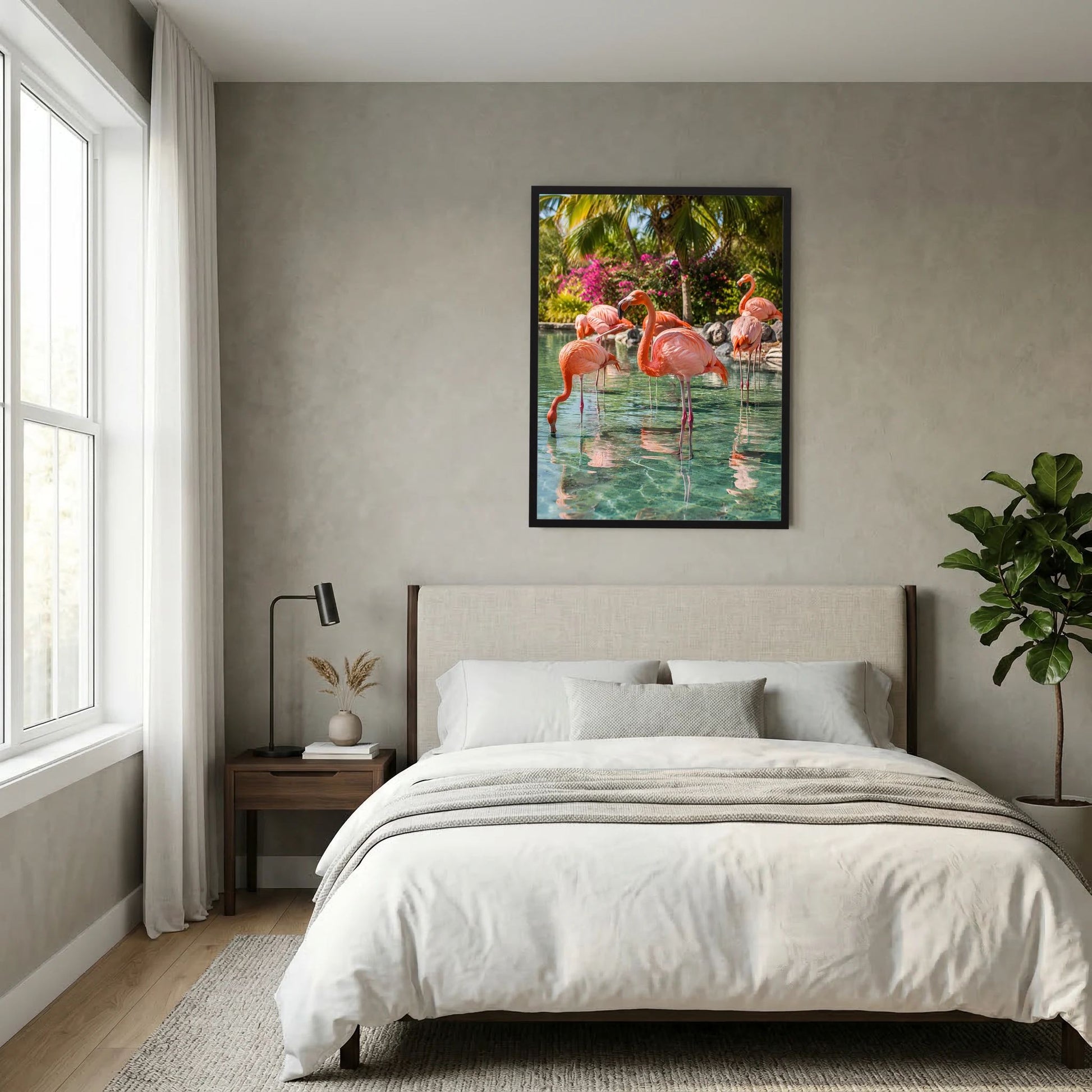 Poster mit rosa Flamingos im tropischen Wasser, im schwarzen Rahmen