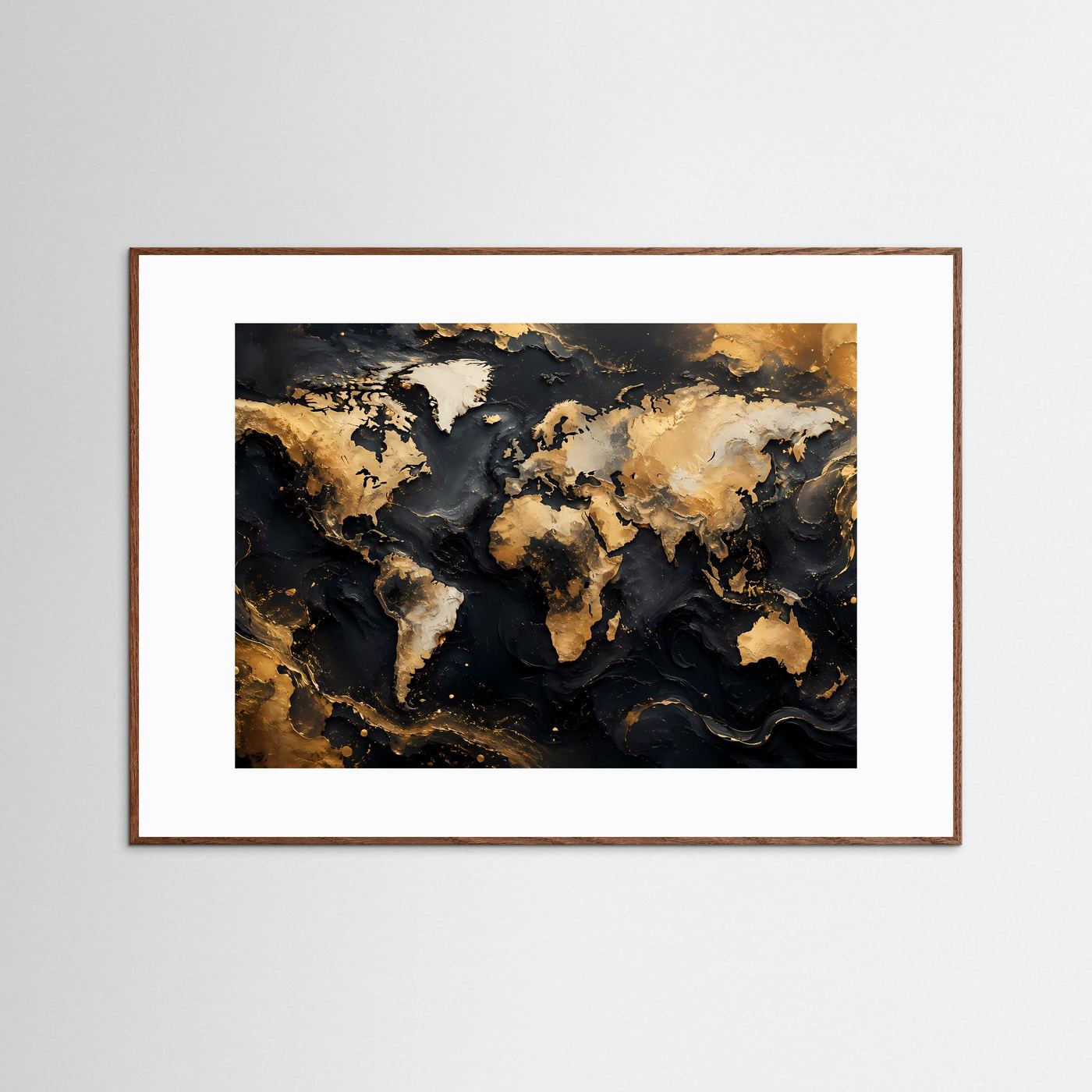 Weltkarte Poster Gold Schwarz | Moderne Weltkarte Wandbild | Luxus Landkarten Kunst | Abstrakte World Map Wanddekoration