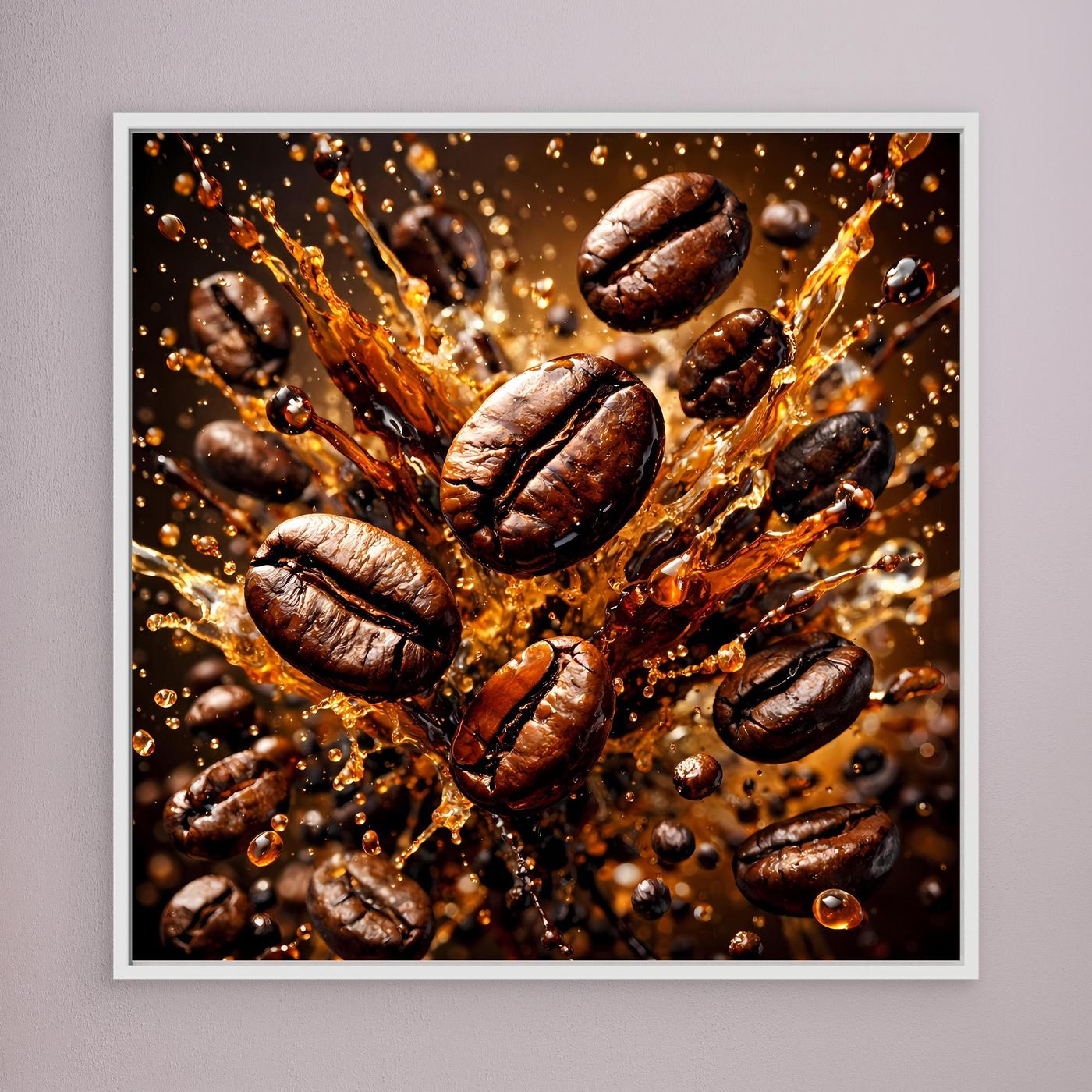 Leinwandbild mit Kaffeebohnen-Splash, braune geröstete Bohnen im Spritz-Design, weißer Rahmen
