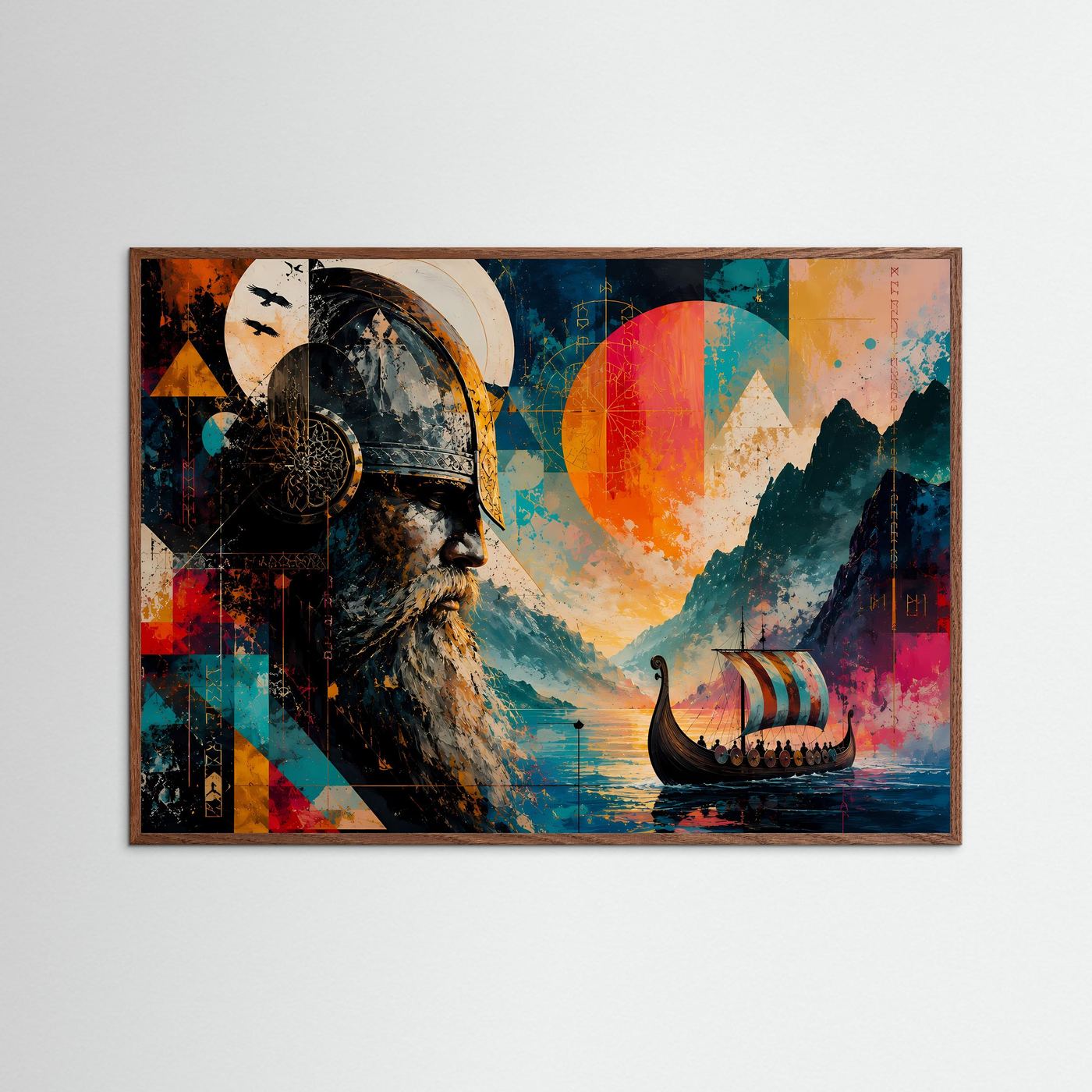 Wikinger Poster | Abstrakte Nordische Kunst mit Langschiff | Odin inspiriertes Wandbild | Moderne Viking Leinwand | Skandinavische Wall Art