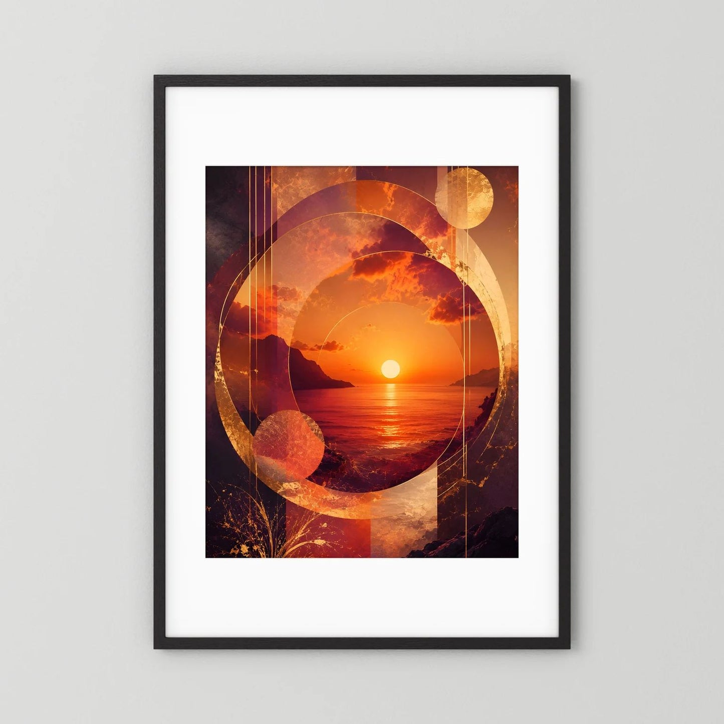 Abstraktes Sonnenuntergangs-Poster mit Kreis- und Liniengrafik über Meer, gold-orange, im schwarzen Rahmen