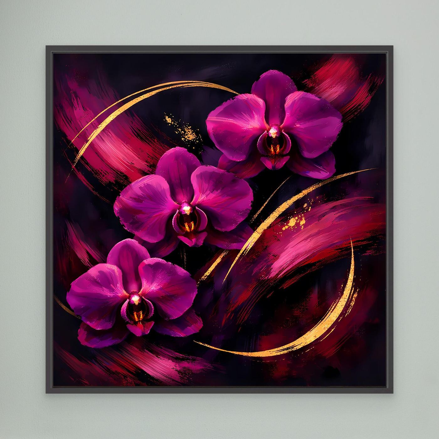 Leinwandbild mit magenta Orchideen und goldenen Bögen, abstrakte Pinselstriche im dunklen Rahmen