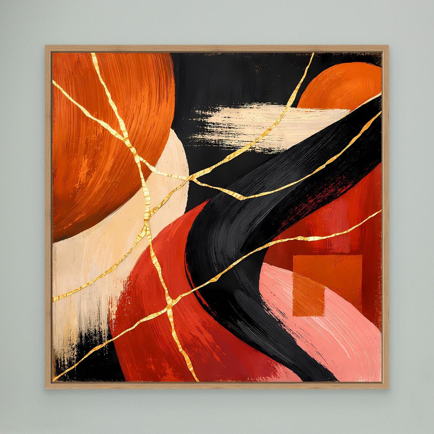 Abstraktes Leinwandbild mit goldenen Risslinien in Rot, Schwarz und Creme, heller Rahmen