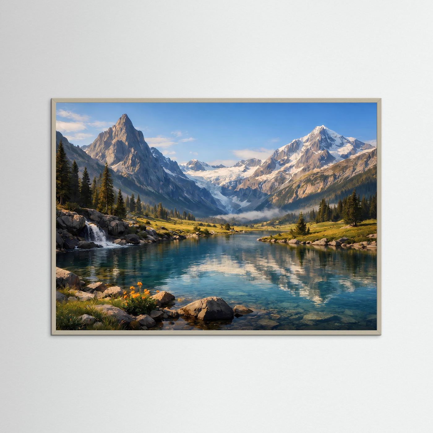 Panorama-Naturposter mit Alpen und Bergsee im Querformat, beiger Rahmen