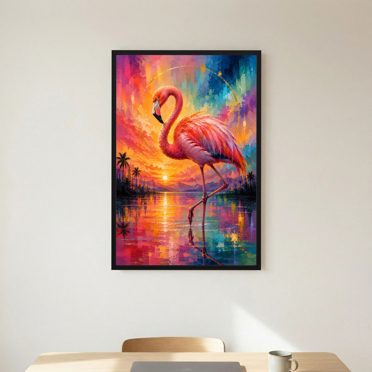 Kunstposter (Hochformat) mit Flamingo vor buntem Farbverlauf, schwarzer Rahmen