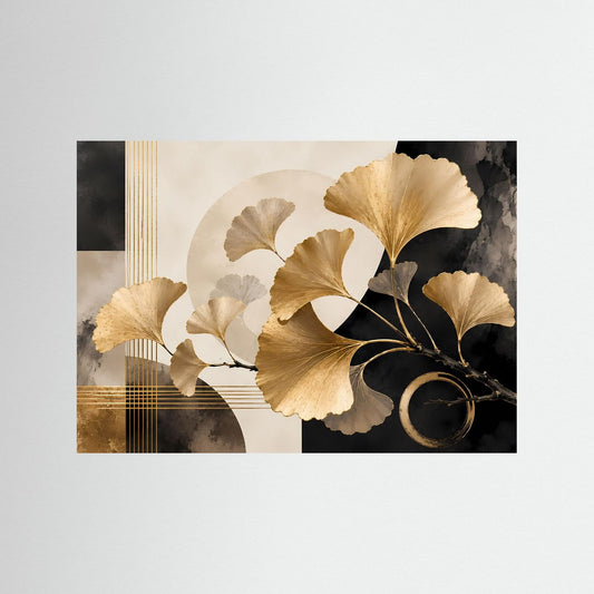 Wandbild mit goldenen Ginkgo-Blättern auf dunklem Hintergrund und beigen geometrischen Flächen