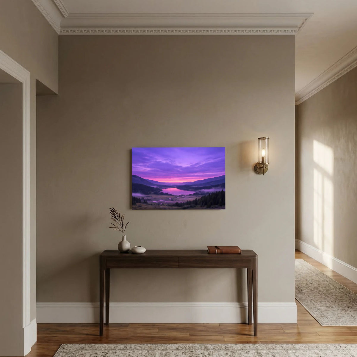 Querformat-Wandbild mit Berglandschaft und Sonnenuntergang am Fluss