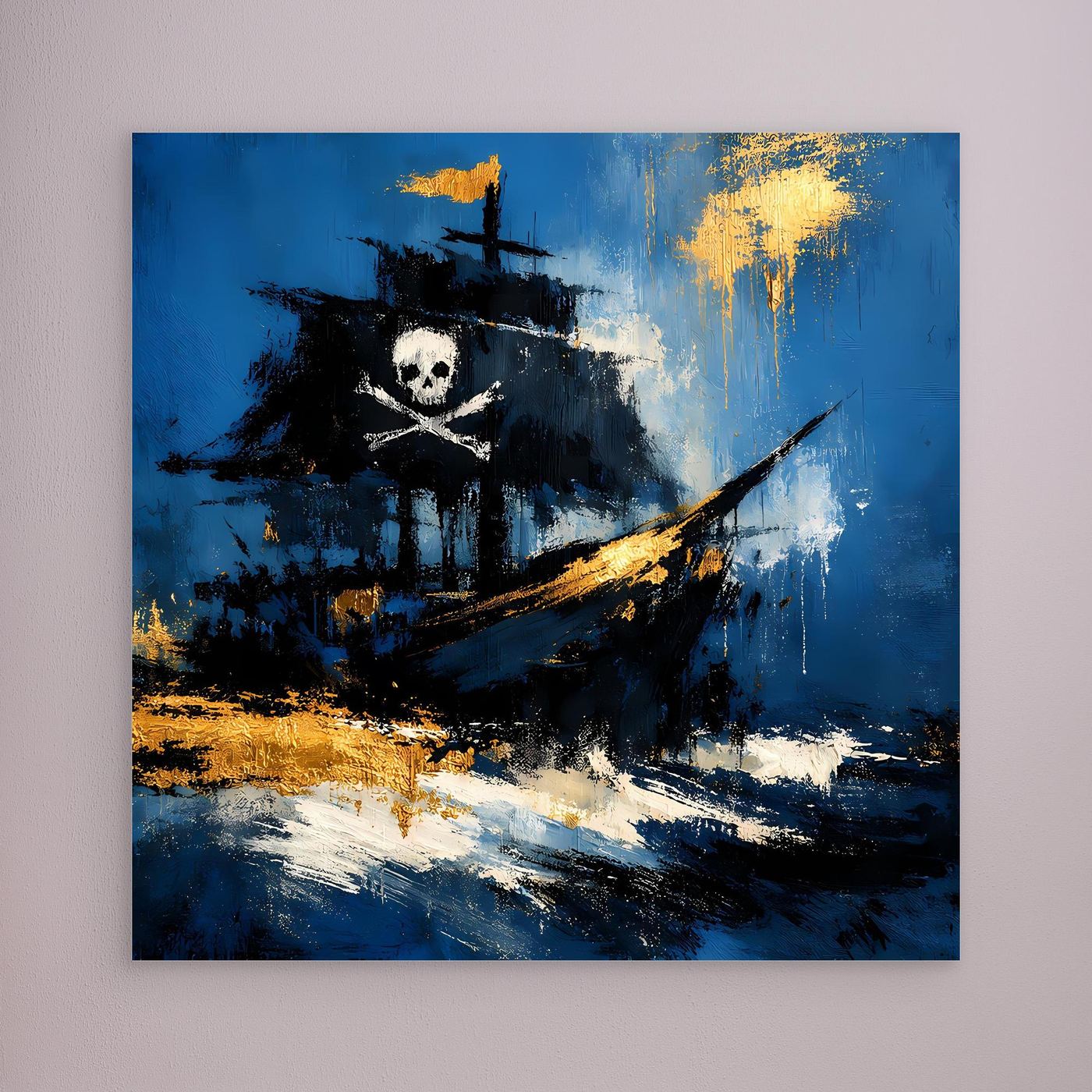 Leinwand-Wandbild mit Piratenschiff, blau-schwarzer Abstraktion, goldene Akzente, ohne Rahmen