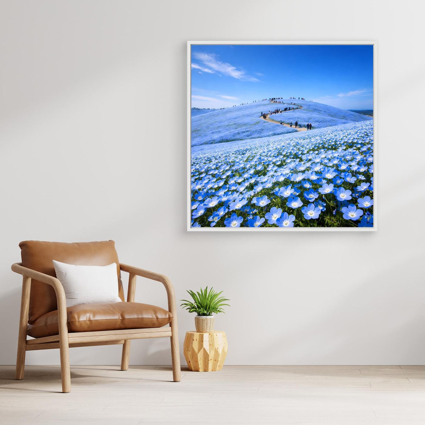 Leinwandbild mit blauen Nemophila-Blüten und Hügellandschaft, mit Rahmen im Querformat