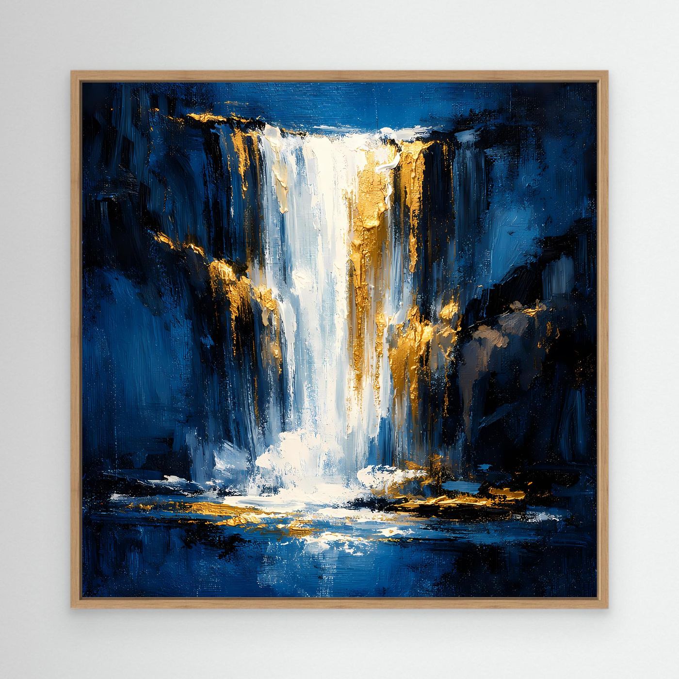 Leinwand Abstraktes Wasserfall Gemälde in Dunkelblau und Gold | Modernes Natur Wandbild