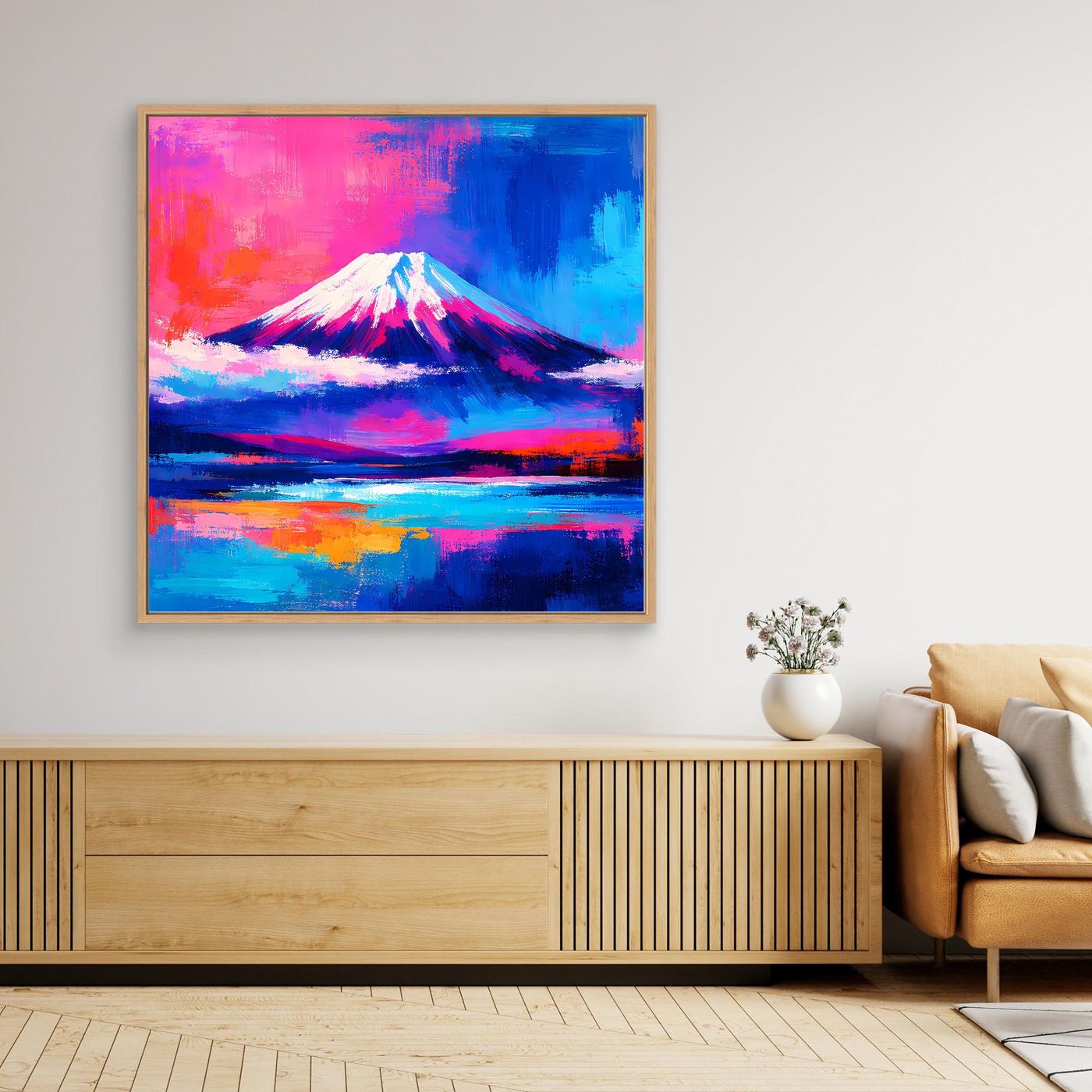 Leinwandbild Abstrakter Fuji bei Sonnenuntergang | Farbenfrohes Berg Wandbild auf echtem Holzkeilrahmen