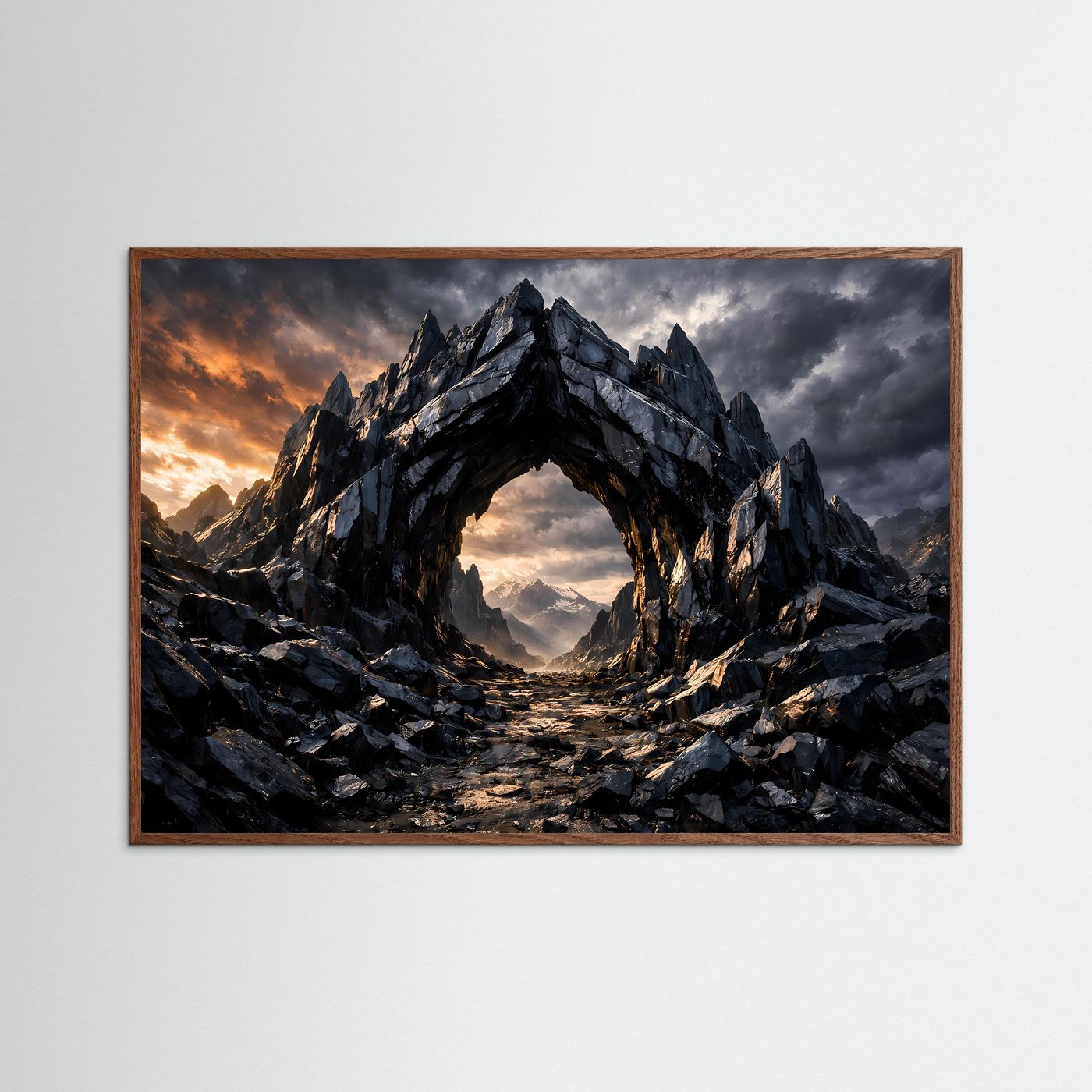 Fantasy-Poster mit Felsbogen aus dunklem Gestein, braunem Holzrahmen