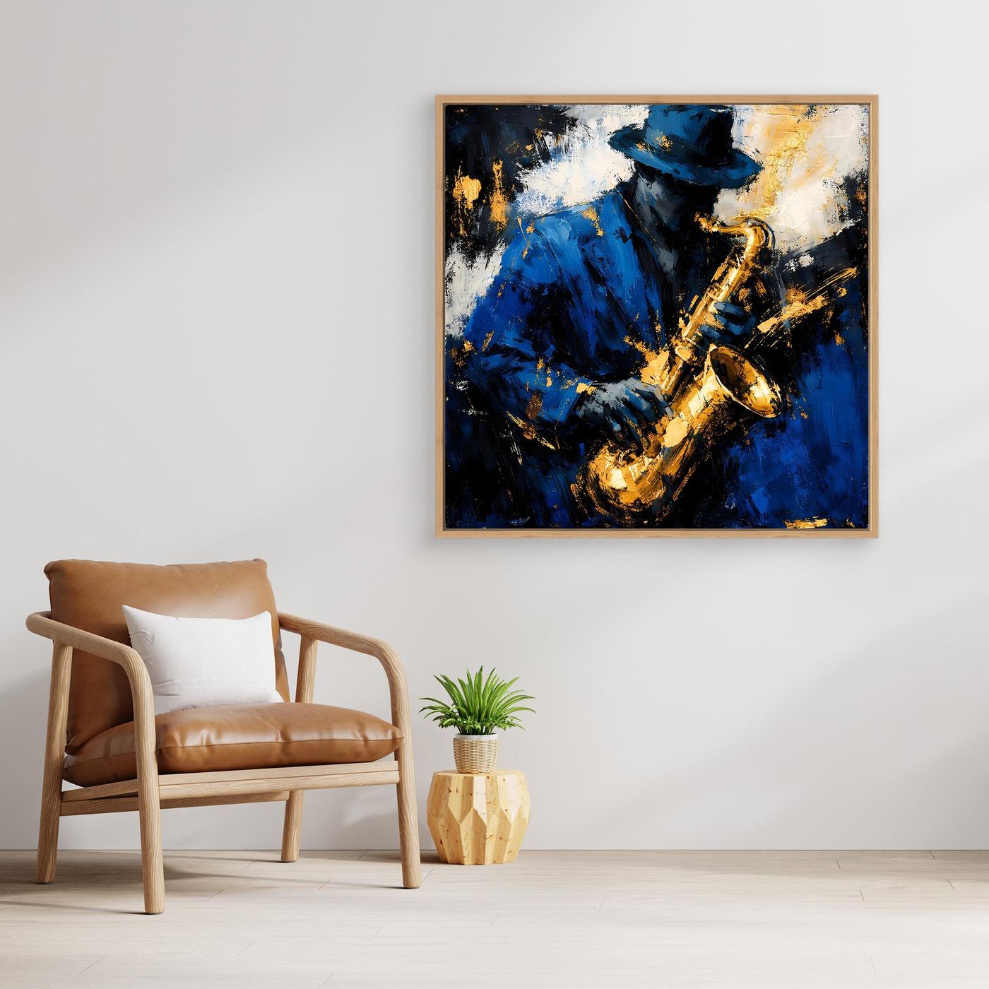 Leinwand Eleganter Jazz-Saxophonist in Blau und Gold | Abstraktes Musik Wandbild