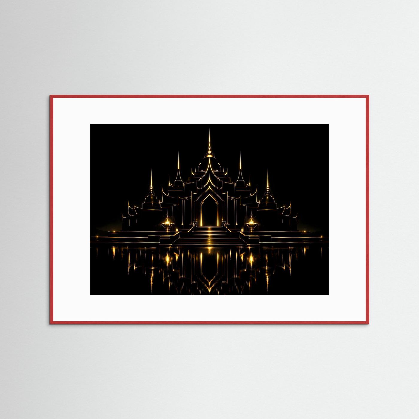 Poster mit goldener Tempelanlage, dunkle Nachtansicht, weißer Rahmen mit rotem Außenrand