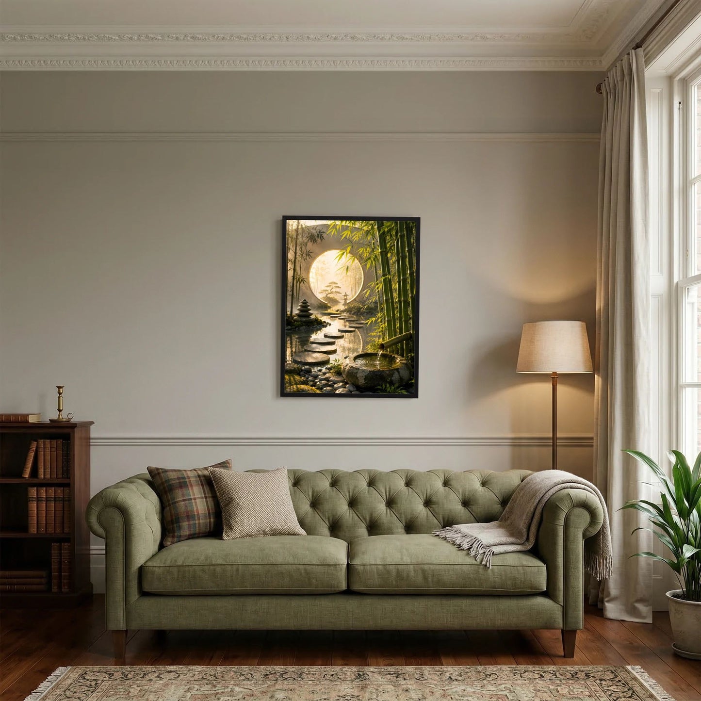Gerahmtes Hochformat-Poster mit Zen-Garten: Bambusallee und großer Mond im Kreis