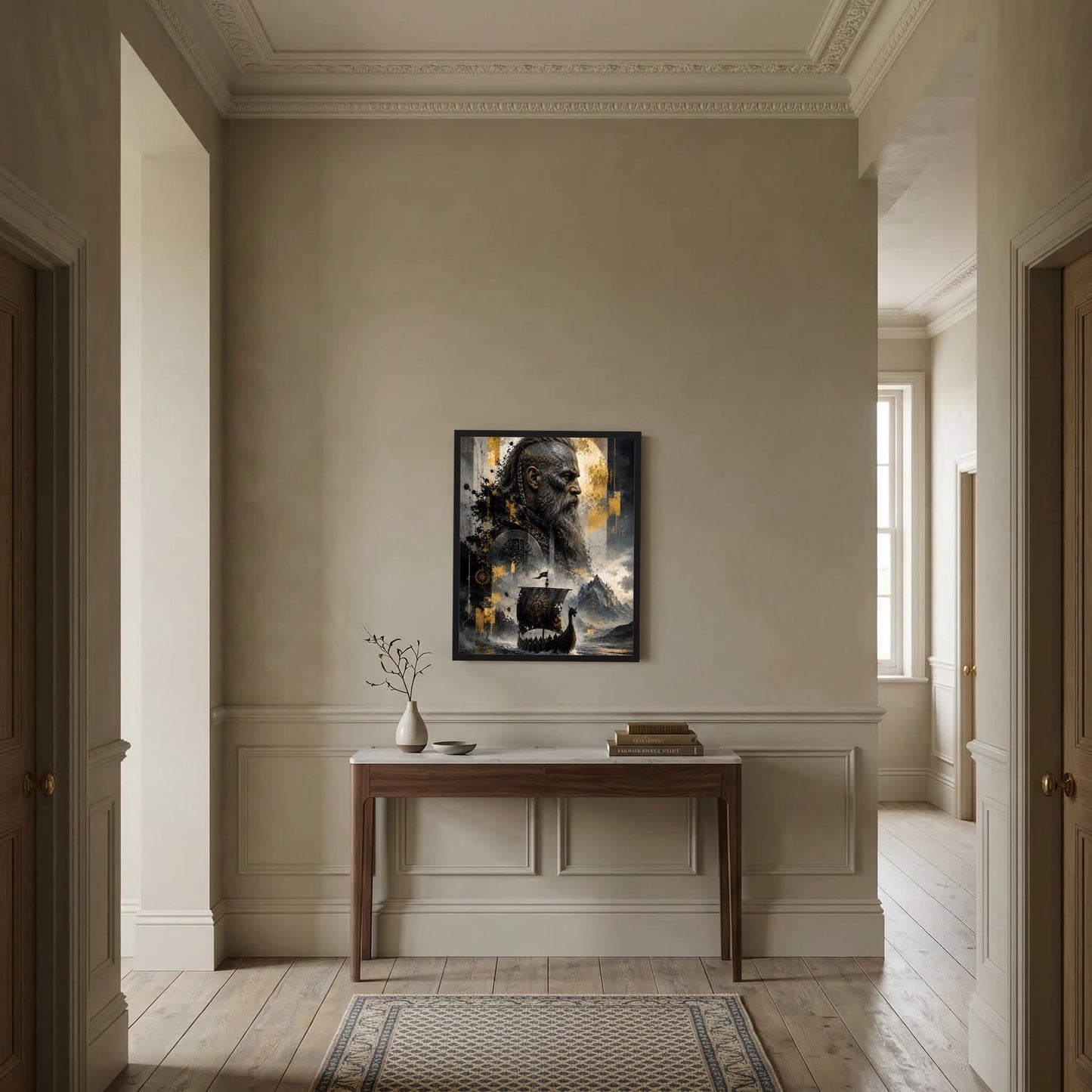 Kunstposter im schwarzen Rahmen mit Wikingerkrieger, Schiff und goldschwarzer Landschaft