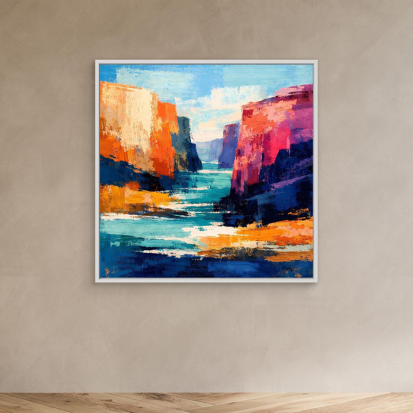 Abstraktes Leinwandbild mit Fluss und farbigen Felswänden, weißer Rahmen