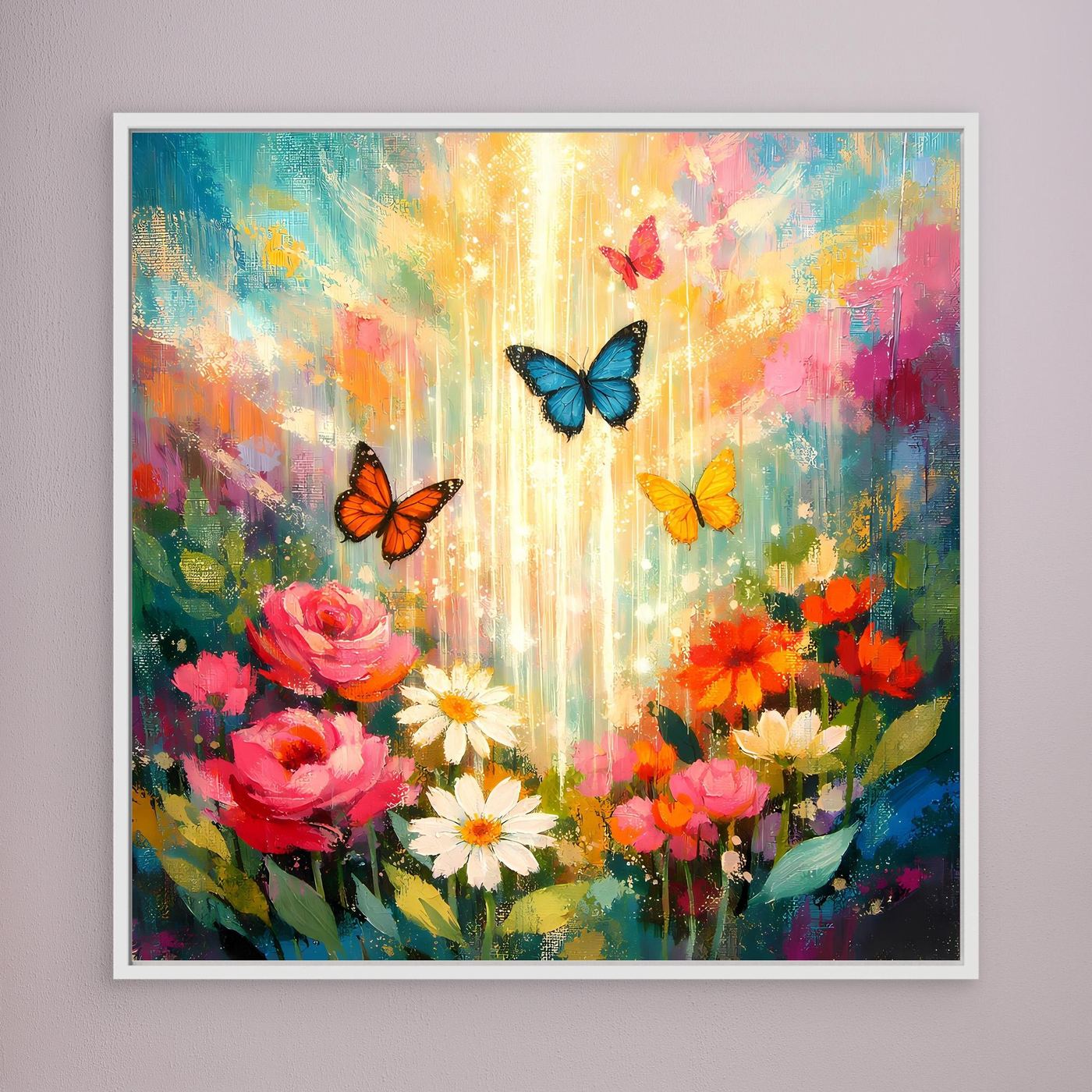 Wandbild auf Leinwand mit Blumen und Schmetterlingen, weißer Rahmen