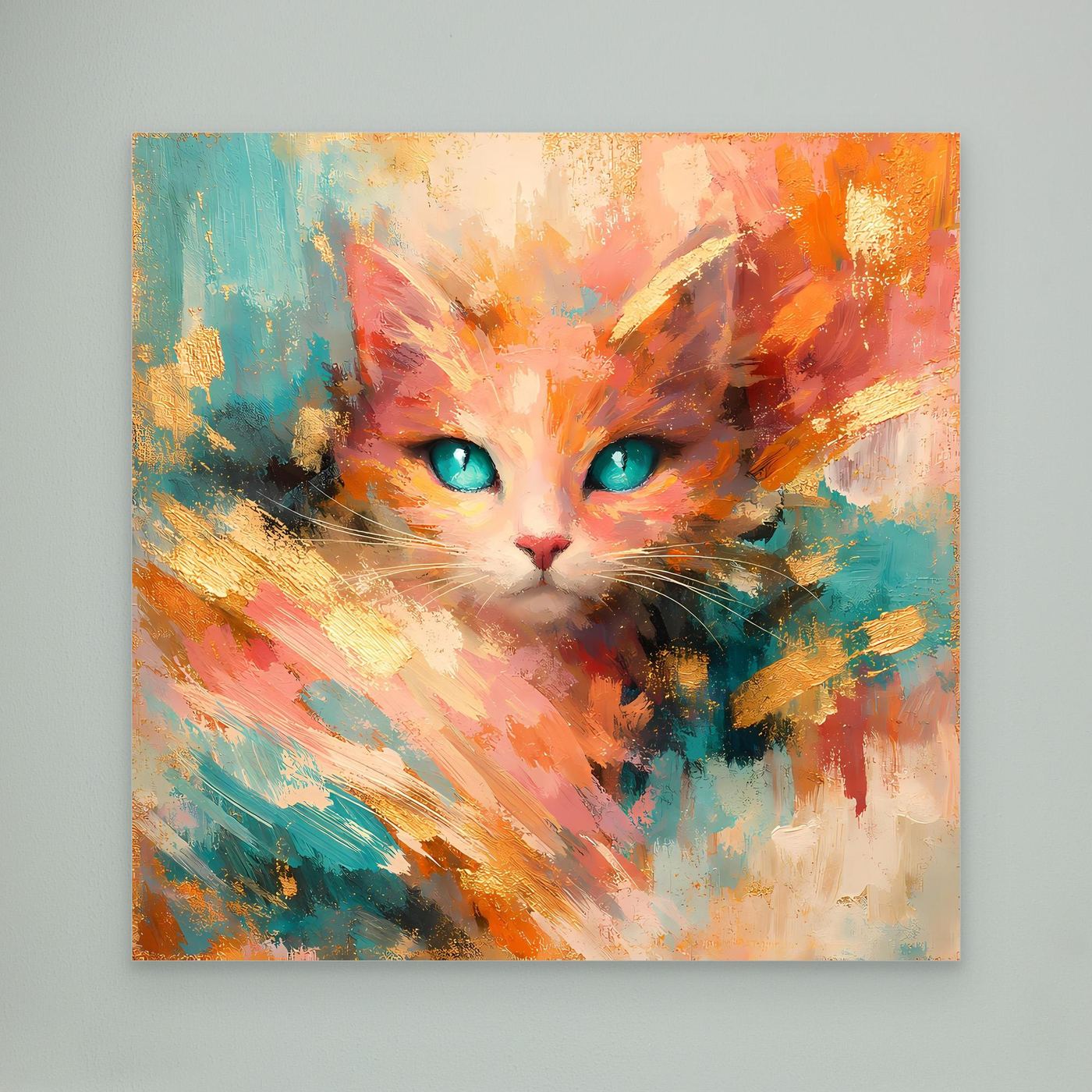 Leinwandbild abstrakte Katze mit türkisen Augen, orange-bunt, ohne Rahmen