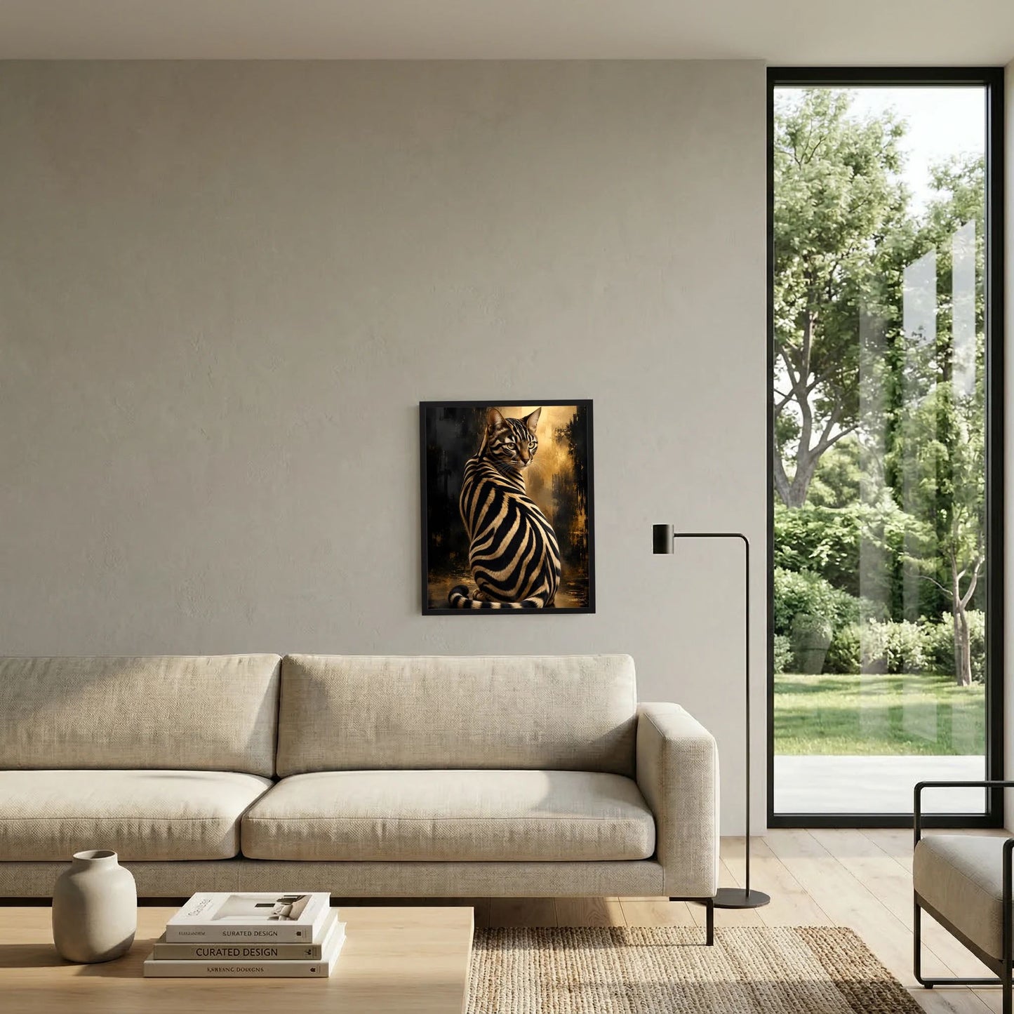 Zebra-Katze Poster in Schwarz-Gold an der Wand neben Sofa, modernes Wohnzimmer