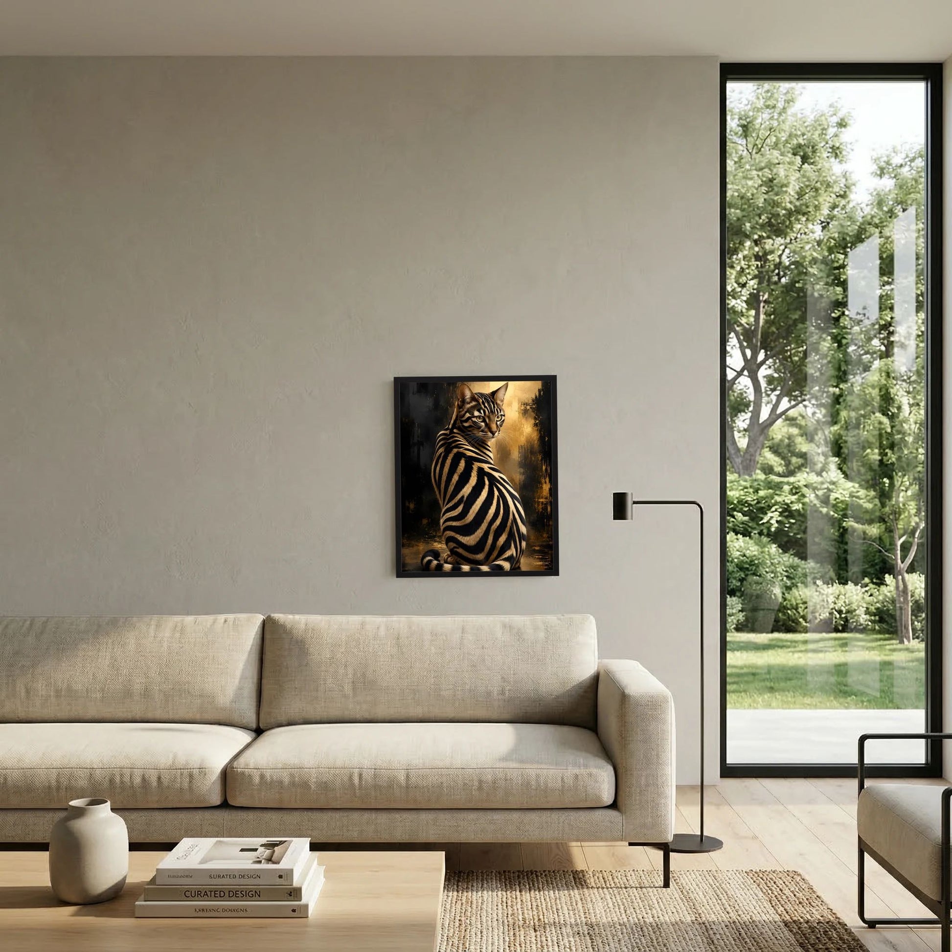 Zebra-Katze Poster in Schwarz-Gold an der Wand neben Sofa, modernes Wohnzimmer