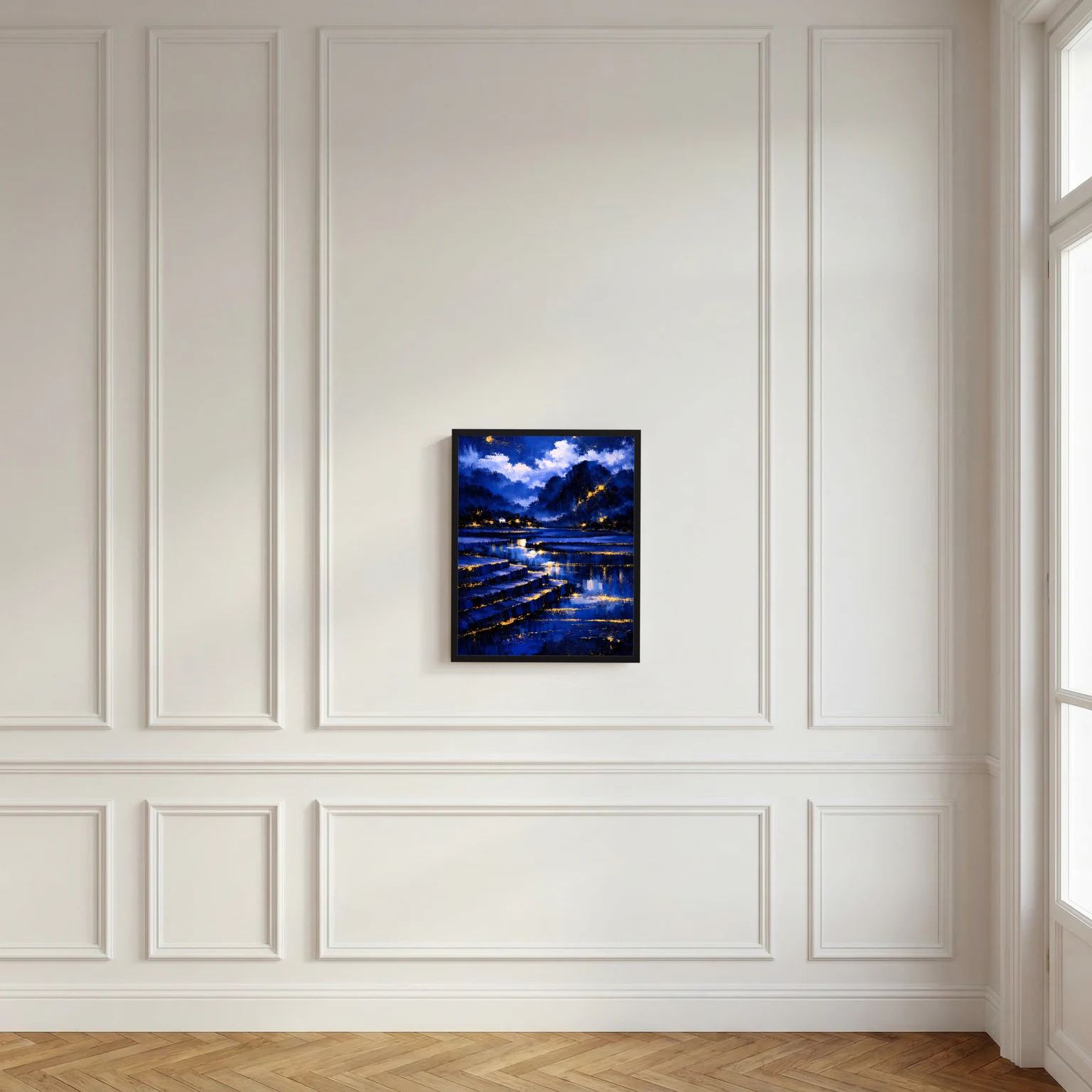 Hochformatiges Wandbild-Poster mit blauer Nachtlandschaft und goldenen Lichtlinien am See