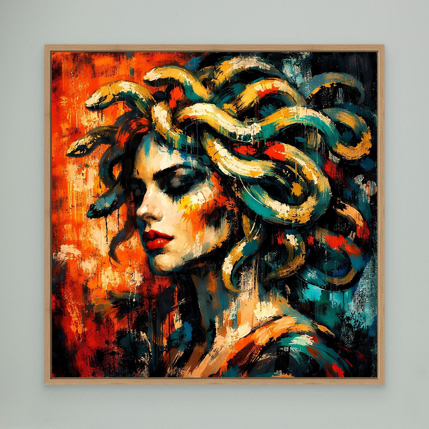 Leinwandbild: abstrakte Medusa im Eichenrahmen, Frauengesicht und Schlangenhaare
