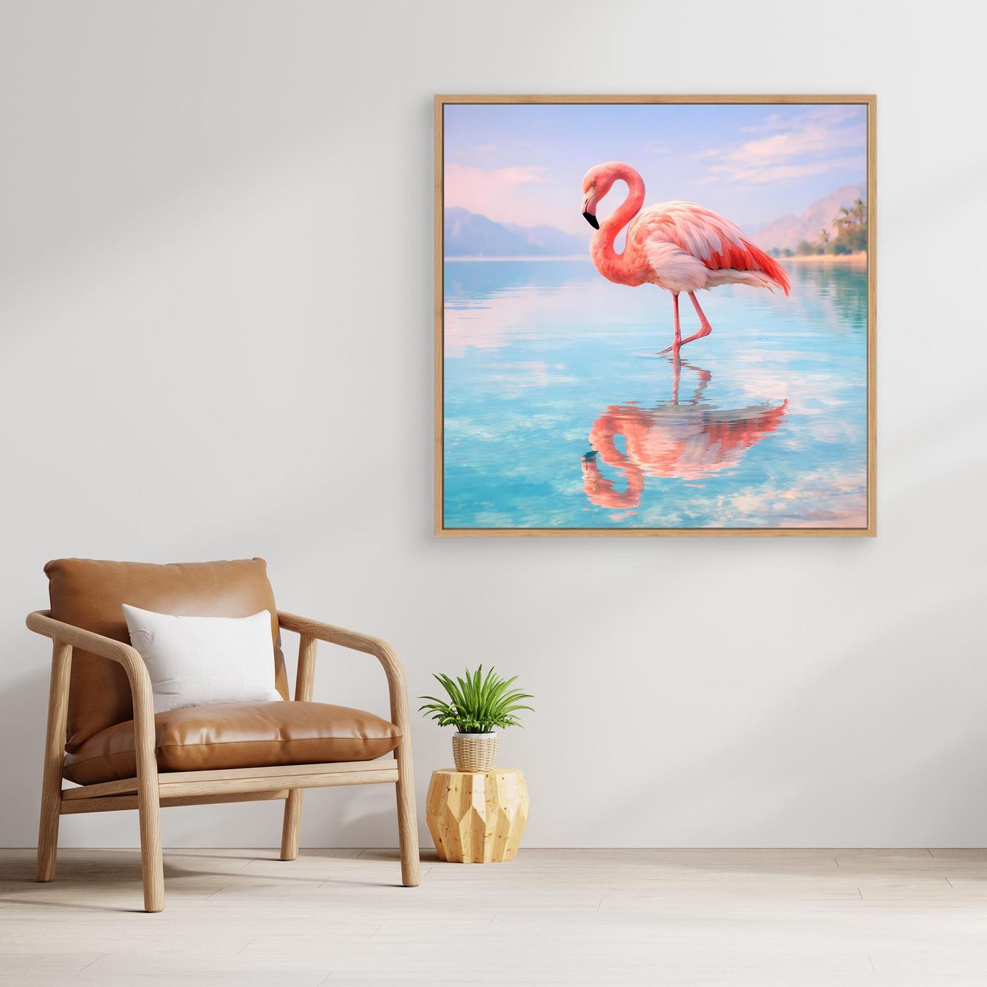 Leinwand-Wandbild mit rosa Flamingo am See, gerahmt in hellem Holz, Spiegelung