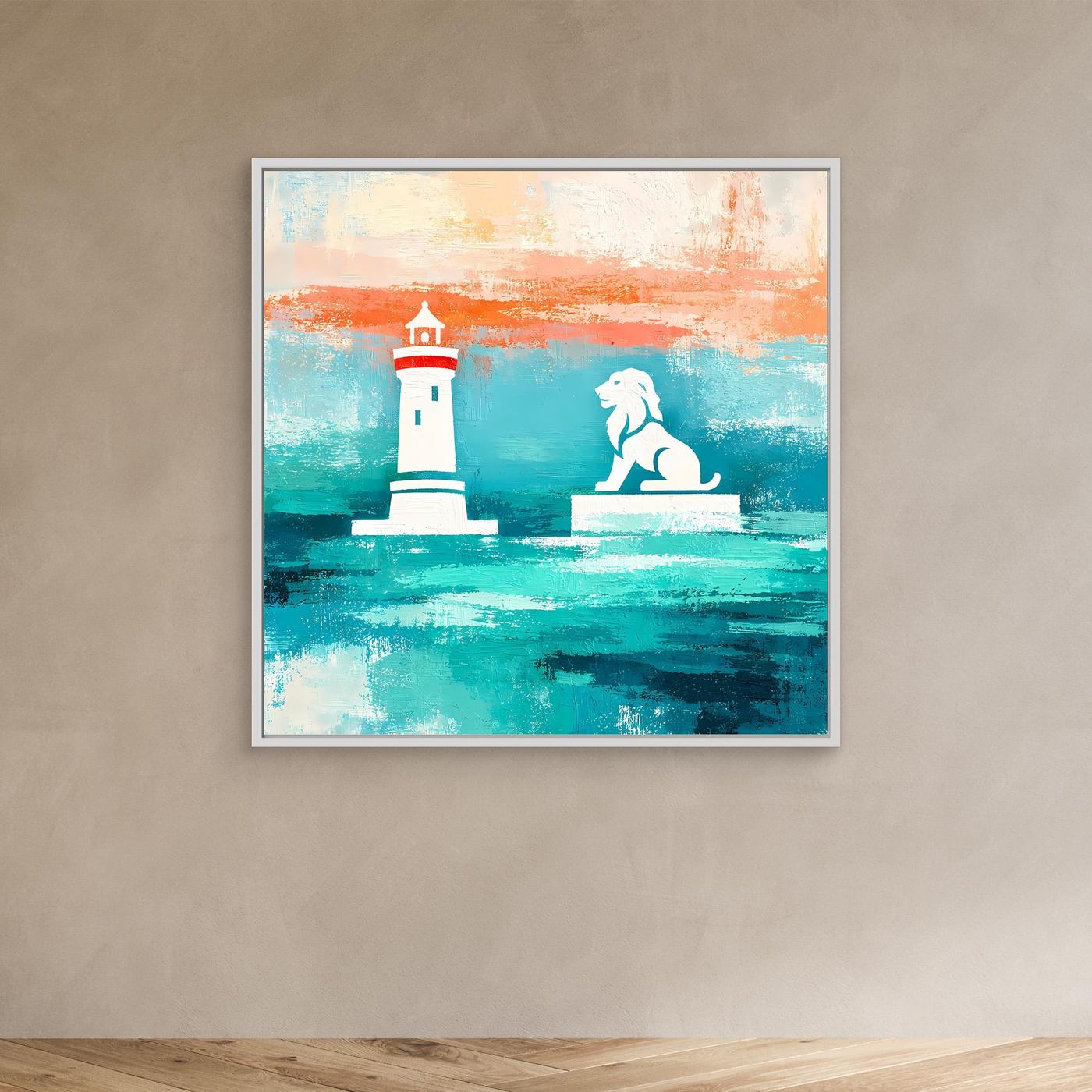 Leinwand Maritimer Leuchtturm und Löwe | Abstraktes Küsten Wandbild Lindau