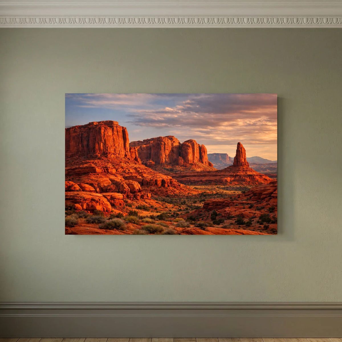 Wandbild mit roten Felswänden im Abendhimmel, ungerahmt, Querformat.