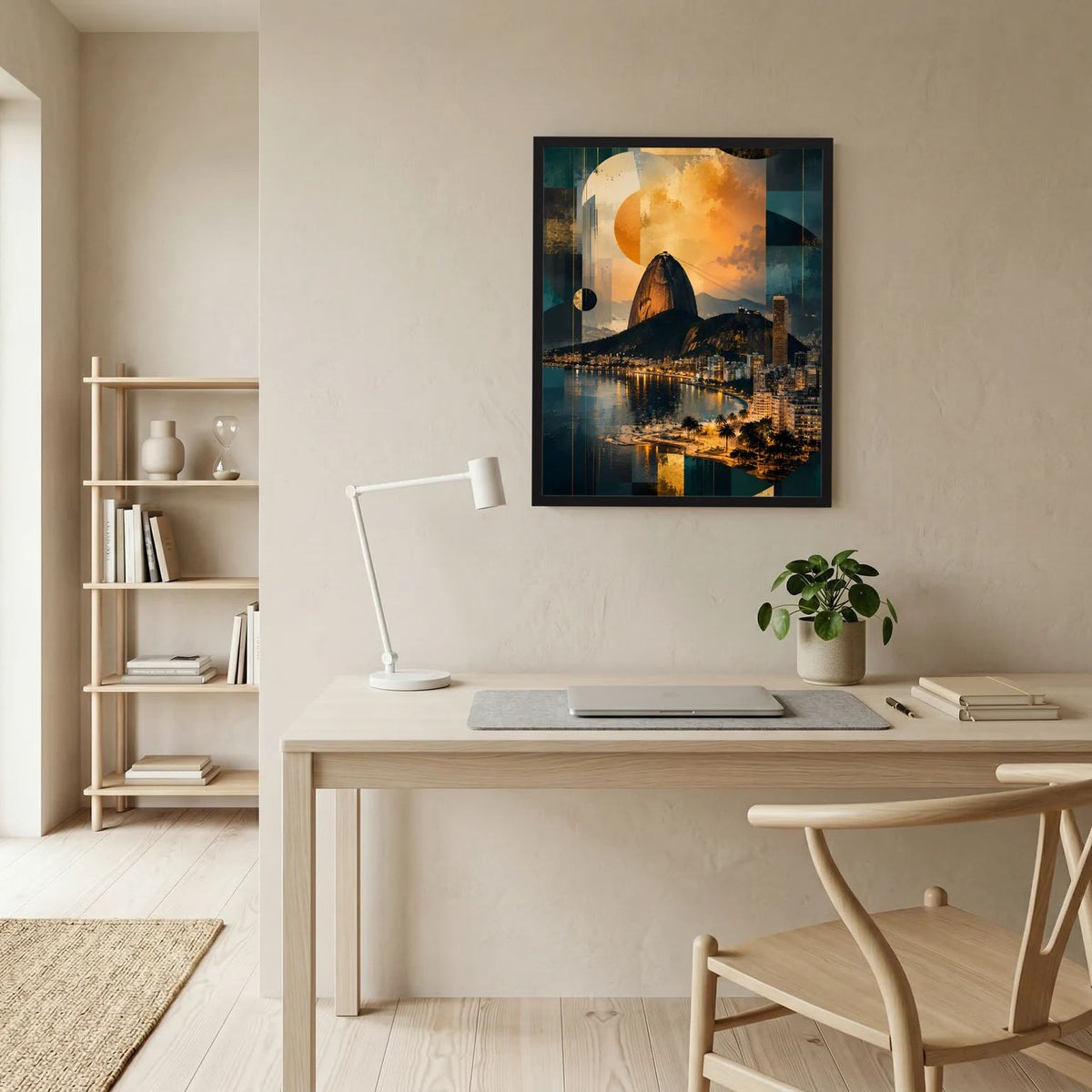 Hochformatiges Poster mit dunklem Rahmen: abstrakte Rio-Skyline in Petrol und Gold