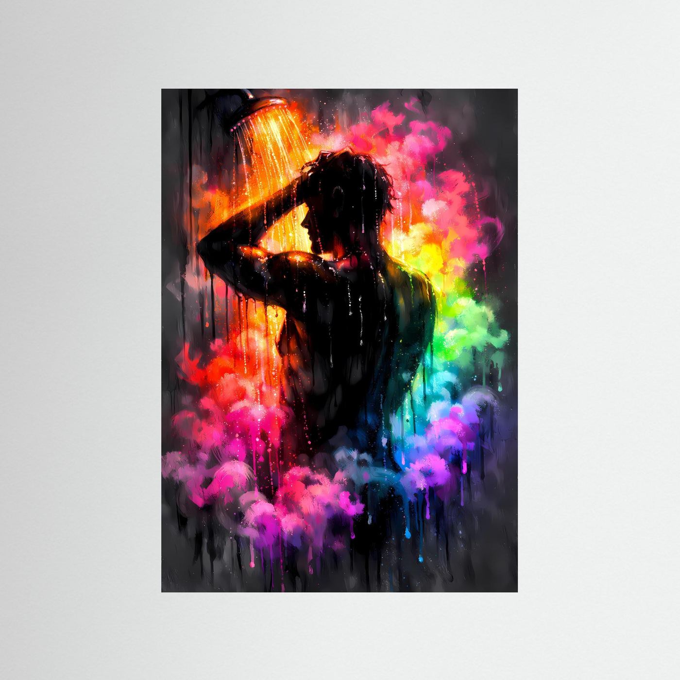 Farbrausch der Sinne | Modernes Dusch-Poster in Regenbogenfarben & Dunkelgrau | Abstraktes Kunstposter Hochformat