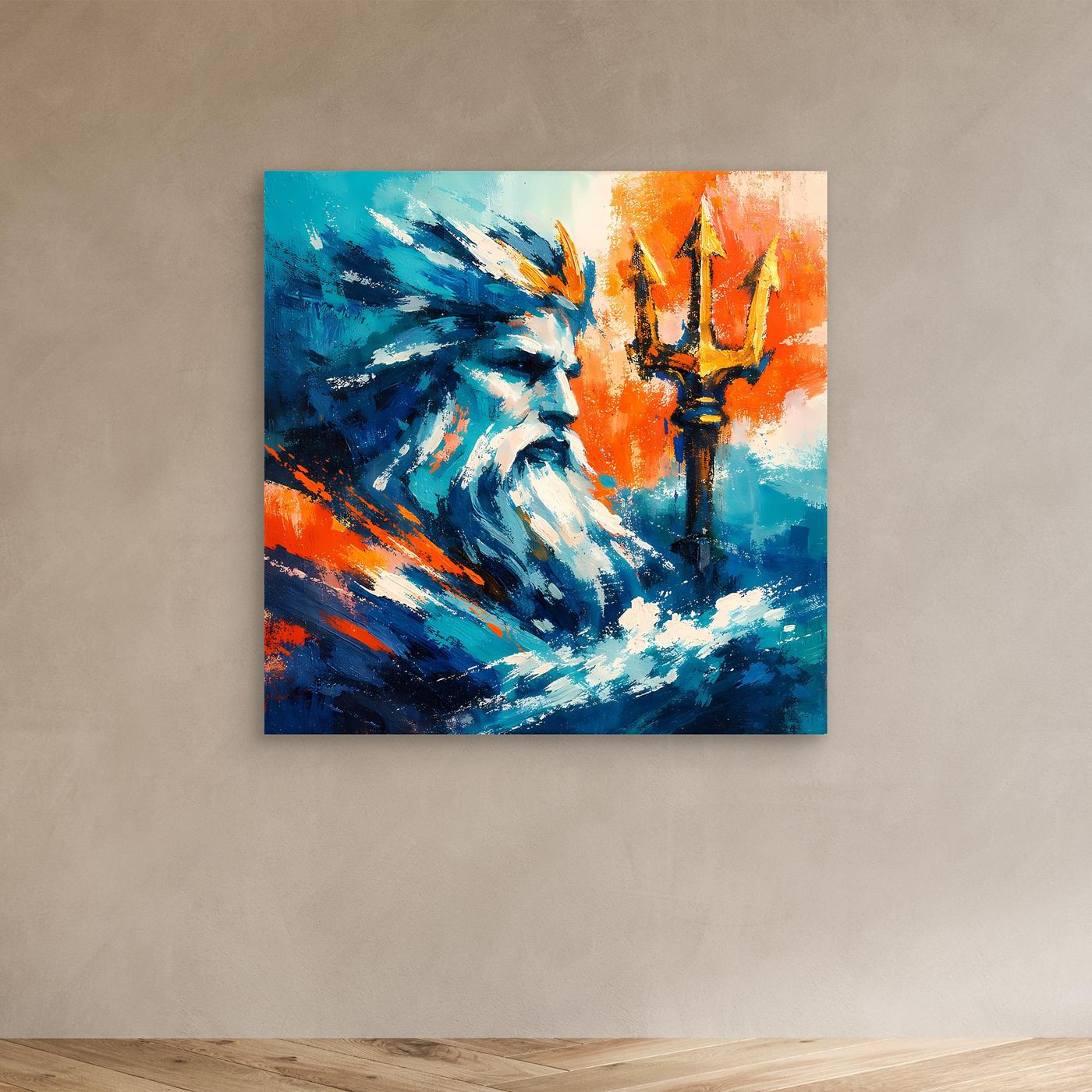 Abstract wall canvas without frame, blue bearded figure with orange background