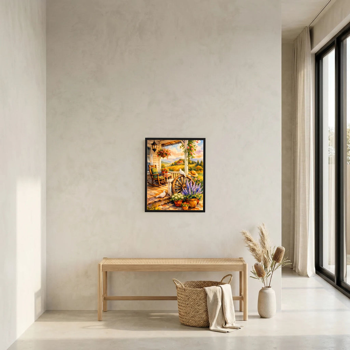 Wand-Kunstposter im Hochformat mit Blumen, Tauben und Veranda, im schmalen Rahmen