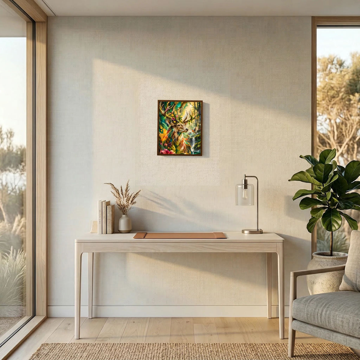 Gerahmtes Tierposter mit Hirsch im Waldmotiv, Blumen und Wasserfall, farbenfroh