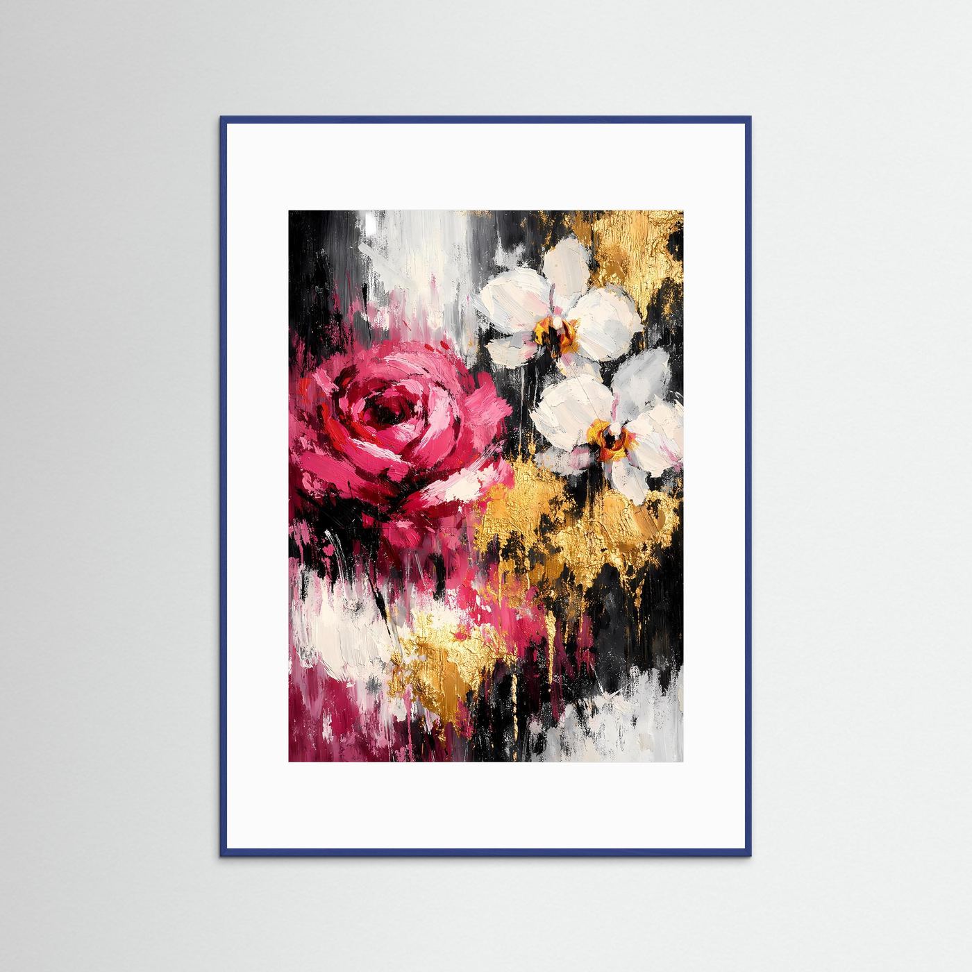 Gerahmtes Blumenposter mit abstrakten Blüten, Himbeerrot, Weiß und Gold; blauer Rahmen.