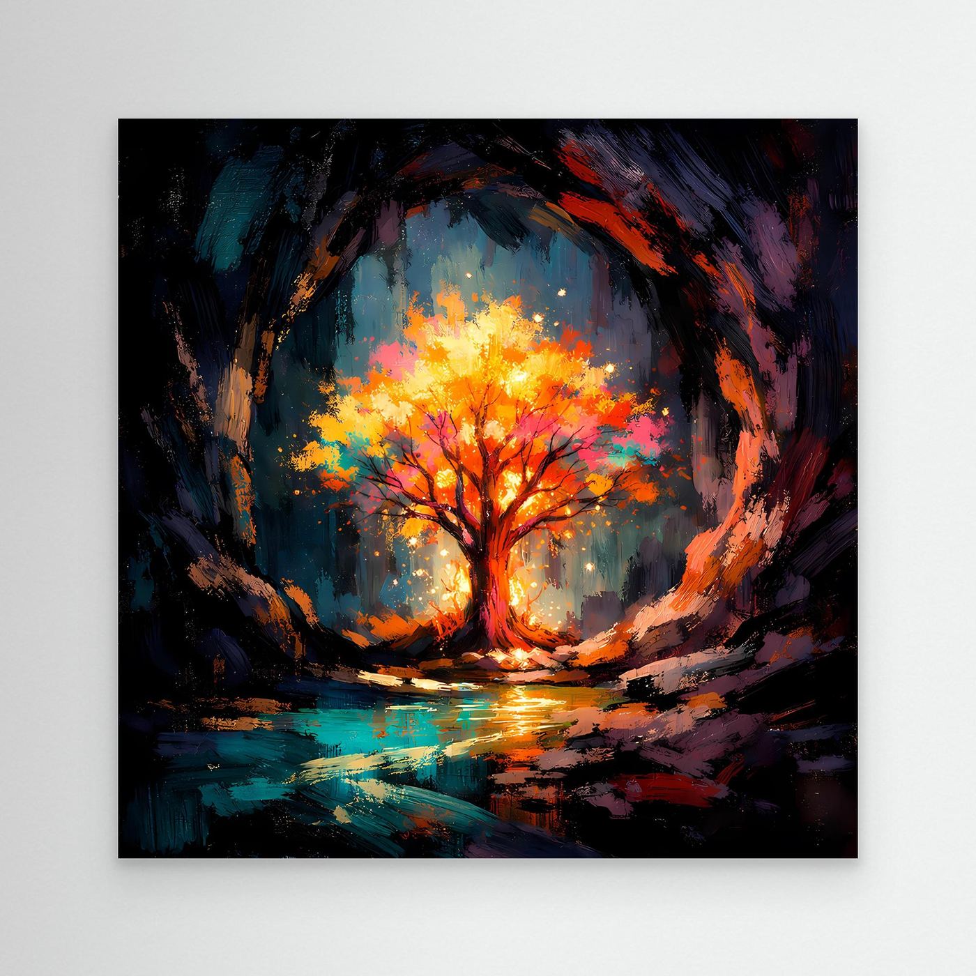 Abstract tree canvas wall art without frame, glowing autumn tree and mirror-like water