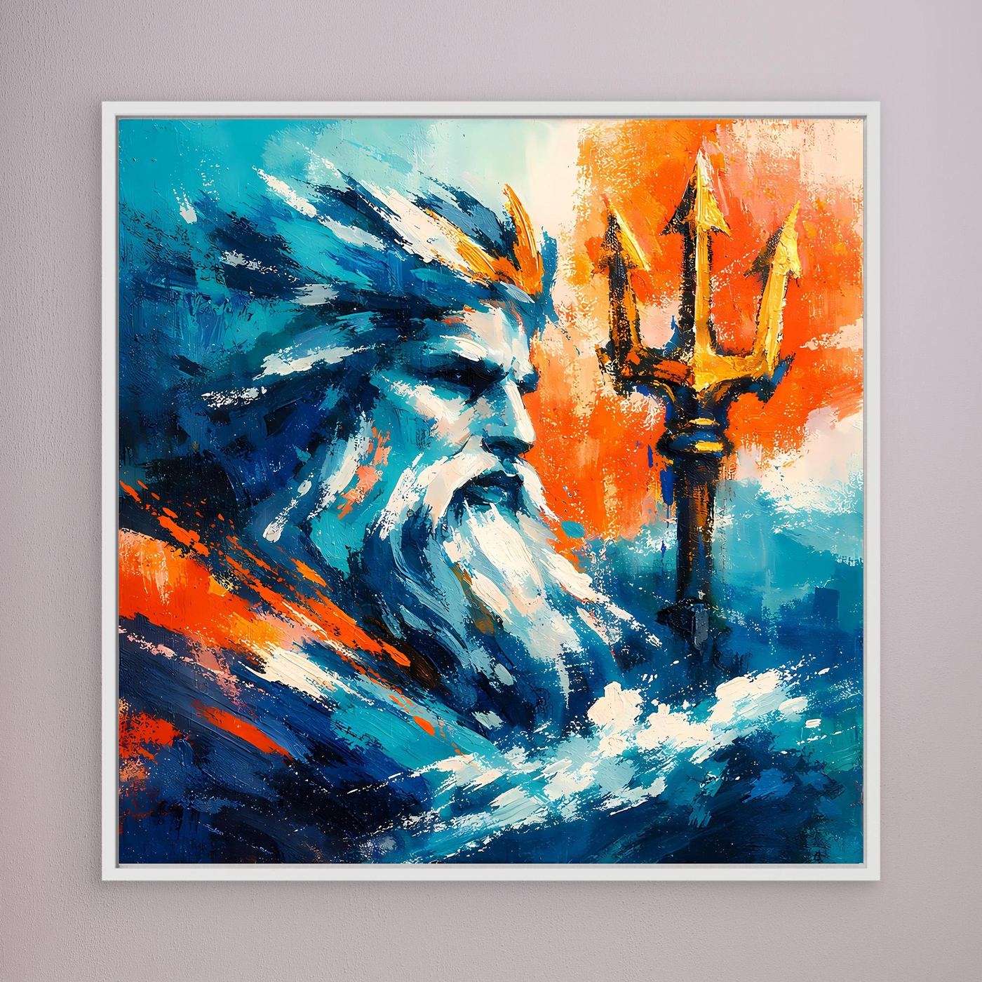White-framed abstract sea god portrait with blue and orange paint and trident.