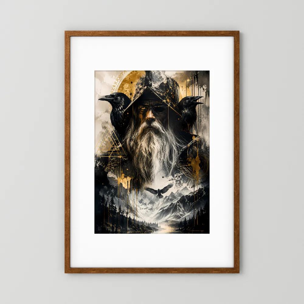 Hochformatiges Poster mit Runenmagier, Raben und goldenem Kreis über Berglandschaft