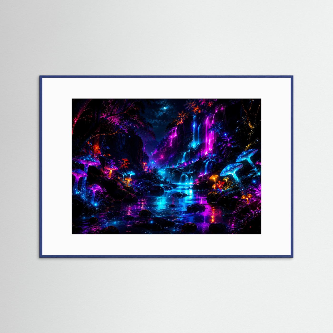 Neon-Wasserfall-Wandbild mit leuchtenden Pilzen, blauer Rahmen