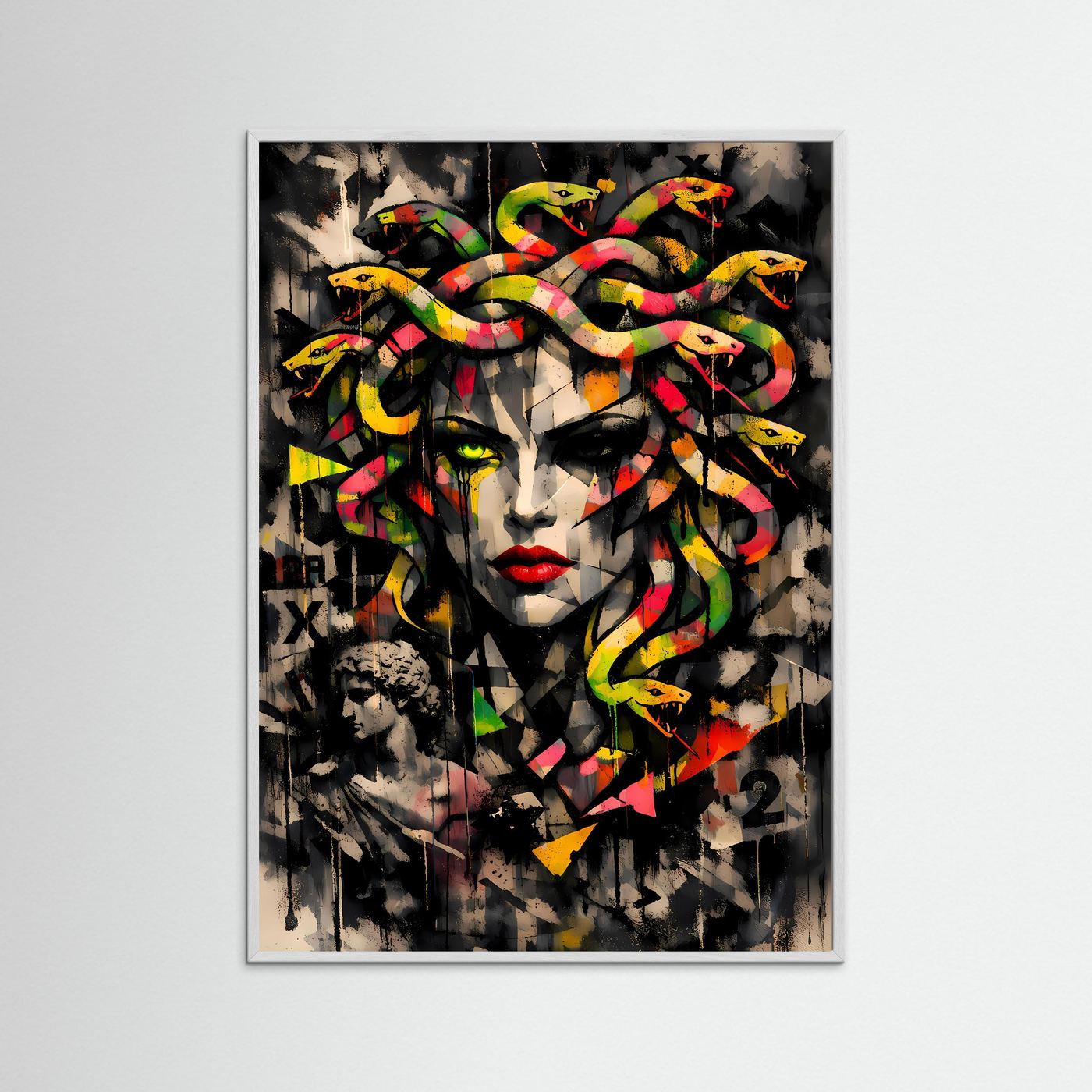 Mythos der Moderne | Urban Art Medusa Poster in Neon-Bunt & Schwarz | Abstraktes Street Art Kunstposter Hochformat
