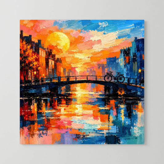 Leinwand Abstraktes Amsterdam Gemälde | Modernes Romantisches Grachten Wandbild mit Fahrrad