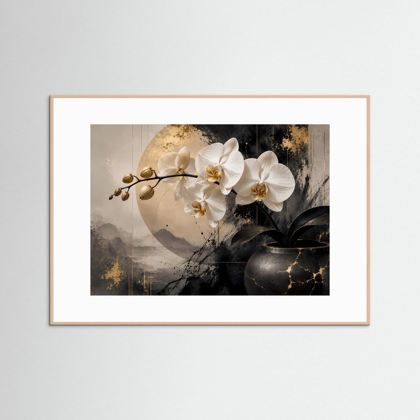 Elegante Orchidee in Schwarz, Weiß & Gold | Botanische & Abstrakte Kunst Wandbild