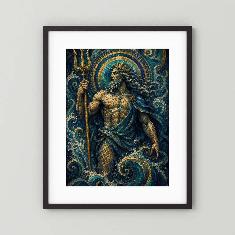 Poster im schwarzen Rahmen mit weißem Rand, Poseidon-Mosaik und Dreizack