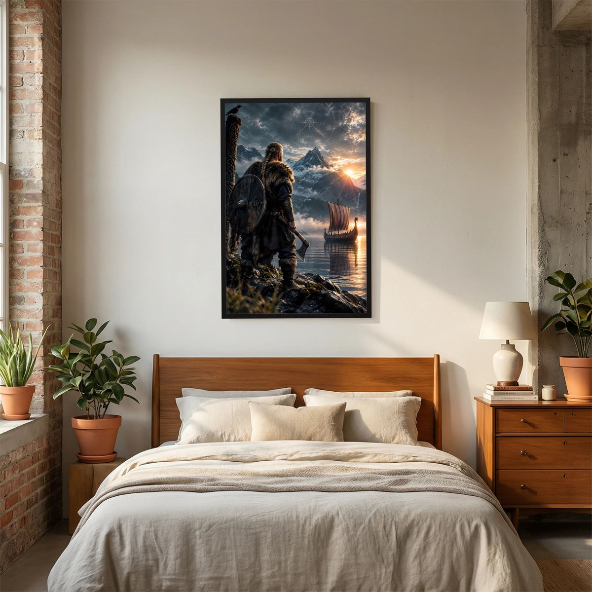 Fantasy-Poster Hochformat mit schwarzem Rahmen: Wikingerkrieger mit Schild, Schiff im Fjord
