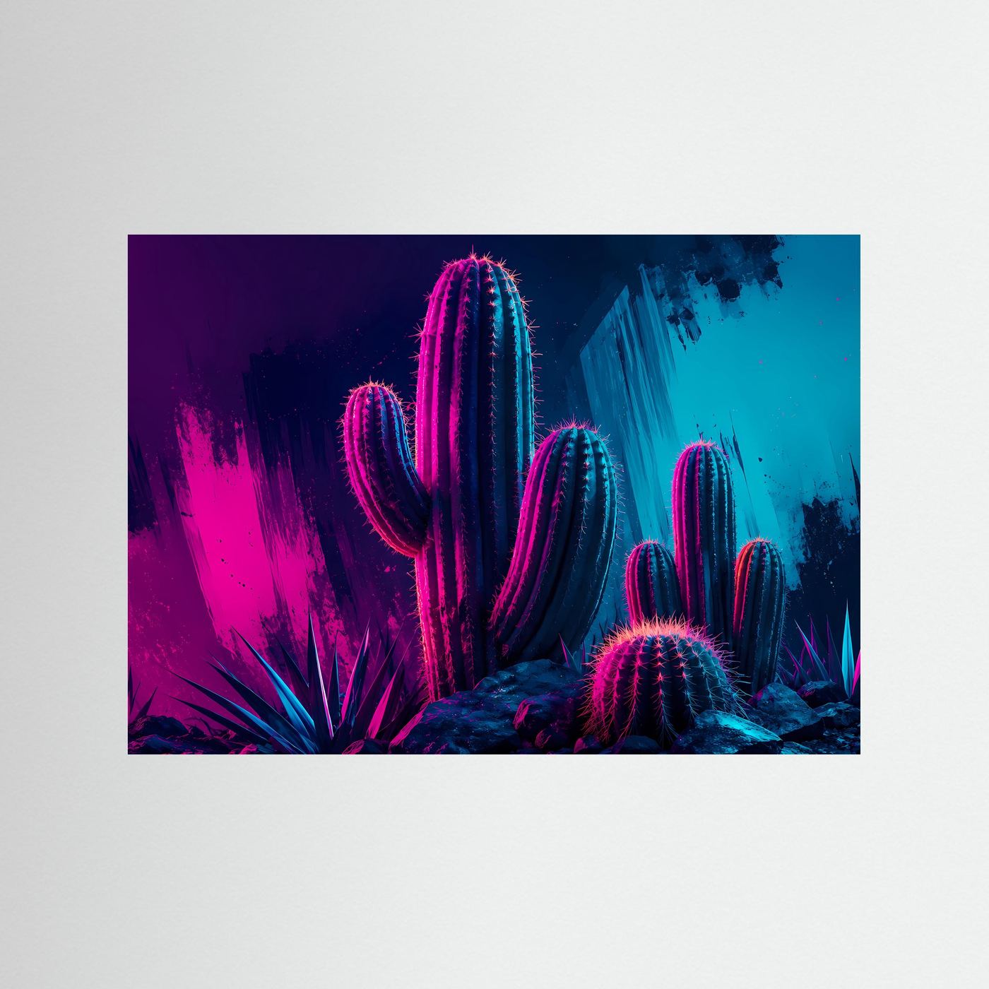 Neon-Kaktus in Pink & Blau | Modernes Wandbild im Cyberpunk- & Synthwave-Stil
