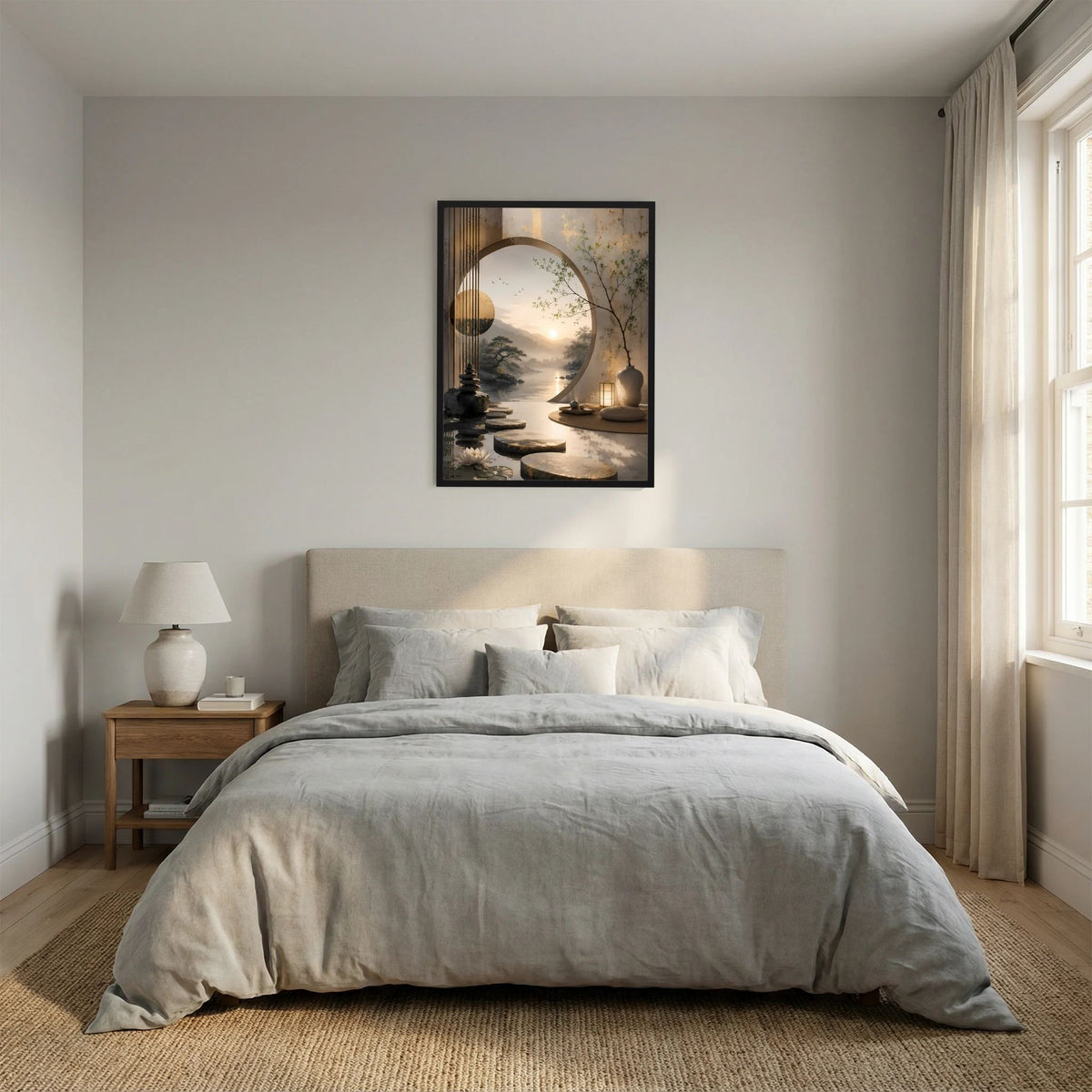 Hochformatiges Poster im schwarzen Rahmen über dem Bett mit Zen-Garten und rundem Torbogen.